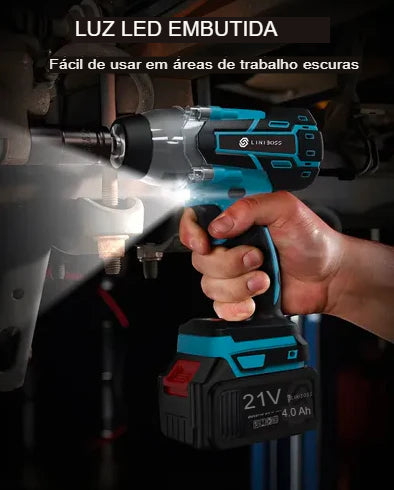 Chave de impacto elétrica com bateria de lítio e acessórios.